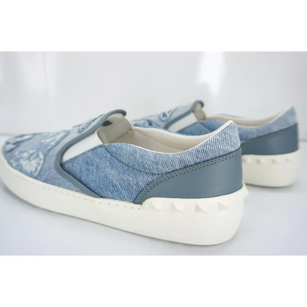 Valentino Denim Butterfly Skater Sneaker SZ 38.5 Slip On Flat NIB $945